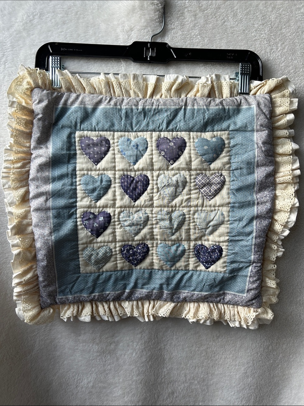 Vintage 80’s quilted patchwork heart pillow cover sham with lace ruffle